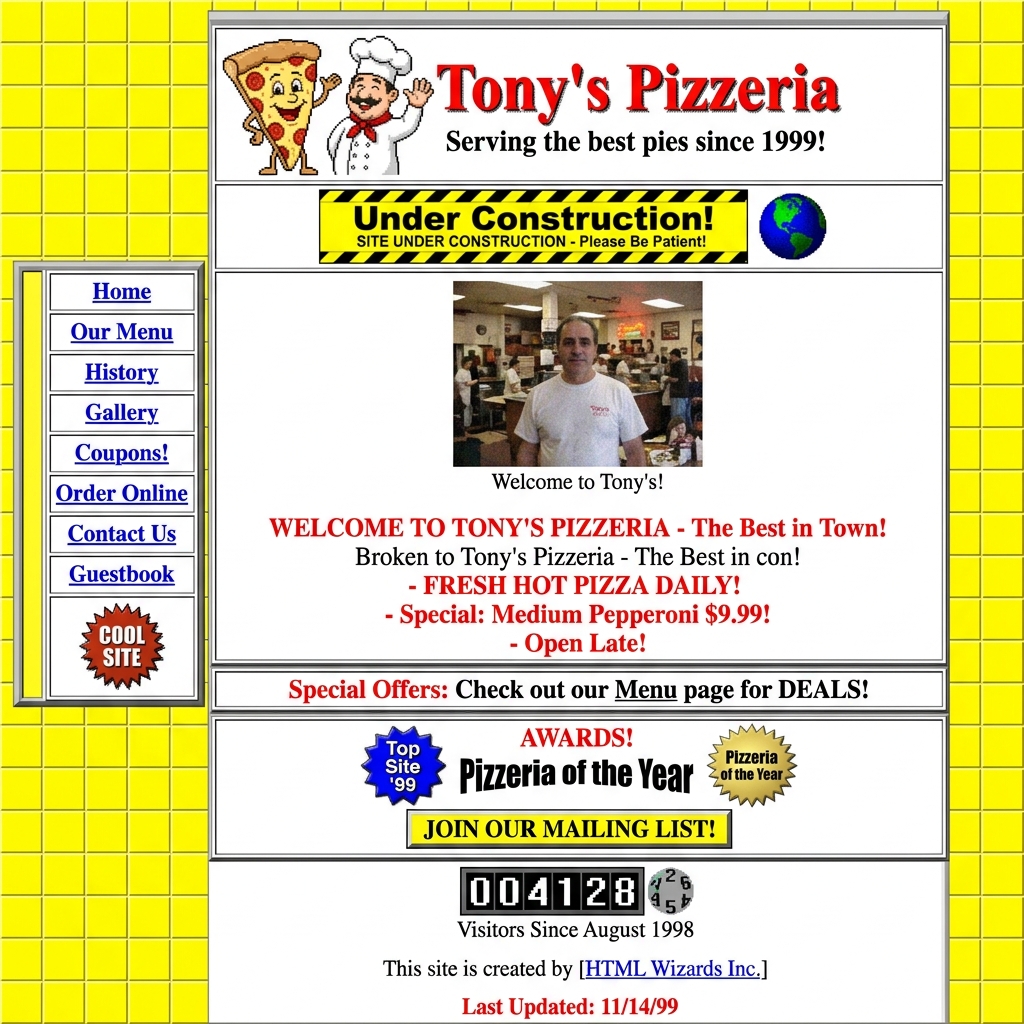 Tony's Pizzeria Old Website Design